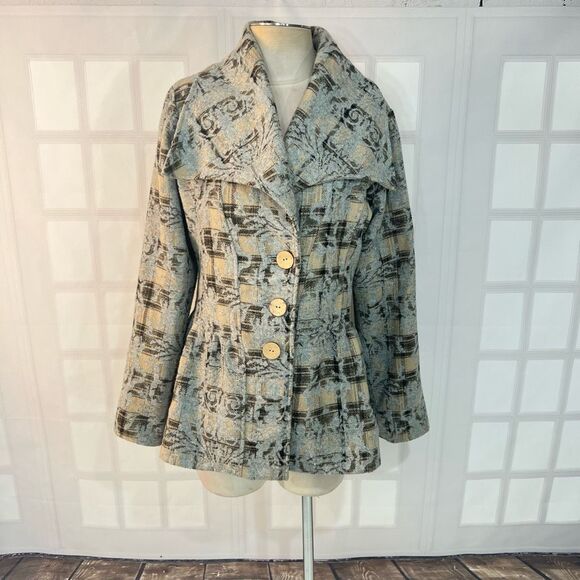 Nick & Mo Plaid Damask Wide Lapel 3 Button Flare Hem Jacket Size Large - Picture 1 of 9